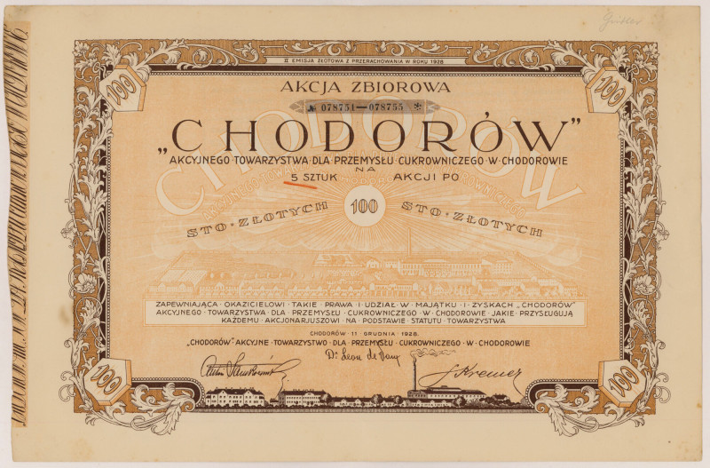 CHODORÓW..., Em.2, 5x 100 zł 1928 Reference: Koziorowski 471-11