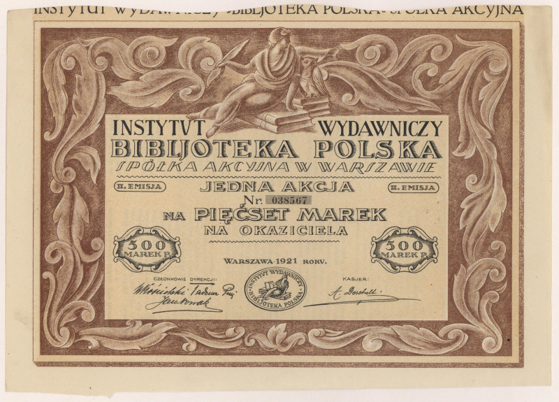 Instytut Wydawniczy BIBLJOTEKA POLSKA, Em.2, 500 mkp 1921 Reference: Koziorowski...