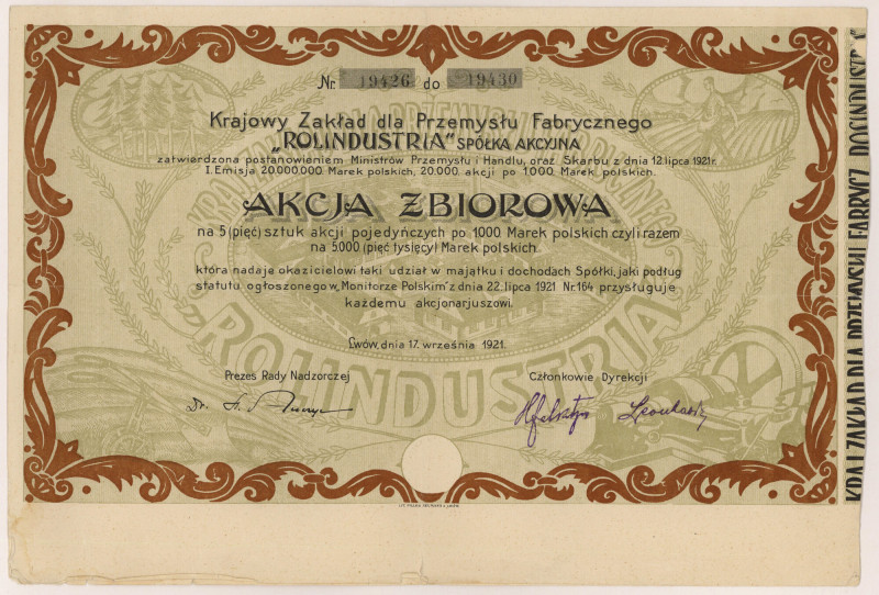 Krajowy Zakład dla Przemysłu Fabrycznego ROLINDUSTRIA, Em.1, 5x 1.000 mkp 1921 R...