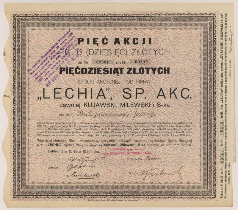 LECHIA Sp. Akc., 5x 10 zł 1926 - imienna Reference: Koziorowski 932-1