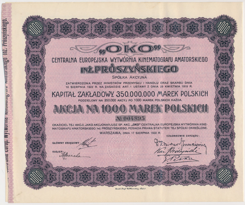 OKO Centralna Europejska Wytwórnia Kinematografu..., 1.000 mkp 1922 Reference: K...