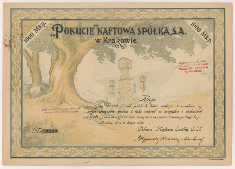 POKUCIE Naftowa Spółka, Em.1, 1.000 mk 1922 (DUŻA) Reference: Koziorowski 1159-1...