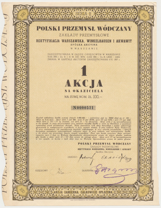 Polski Przemysł Wódczany..., Ser.II, 100 zł 1937 Reference: Koziorowski 2117-9...