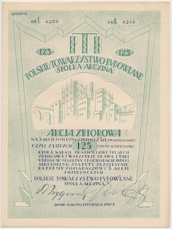 Polskie Towarzystwo Budowlane, Em.1, 5x 25 zł 1927 Reference: Koziorowski 1253-9...