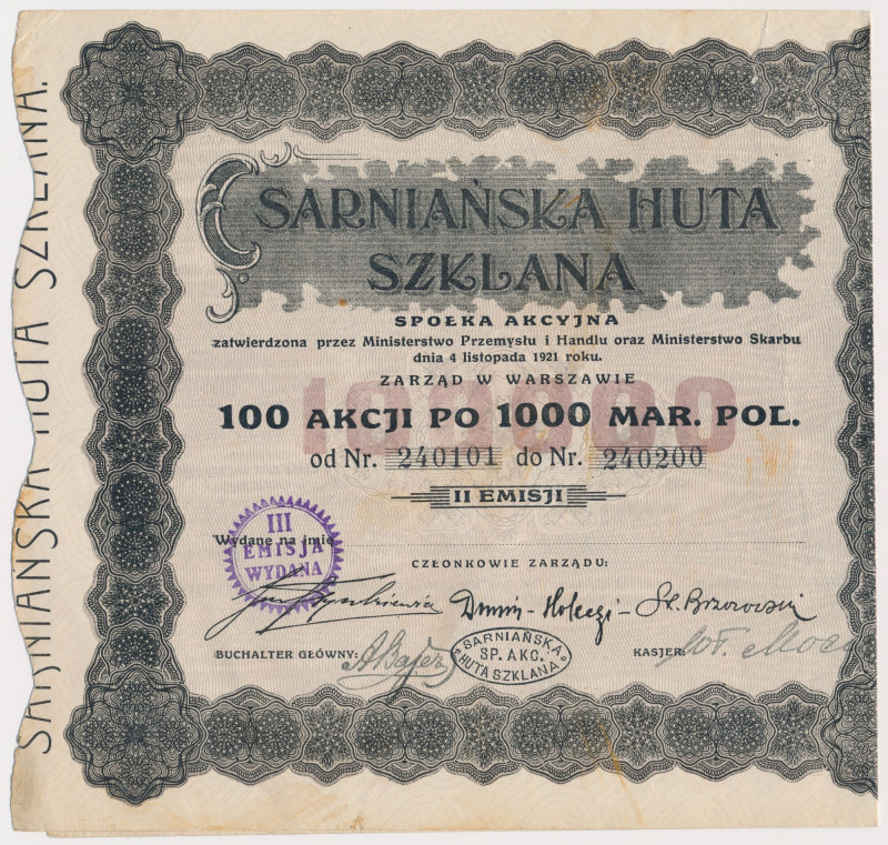 Sarniańska Huta Szklana, Em.2, 100x 1.000 mkp 1923 Reference: Koziorowski 1481-7...