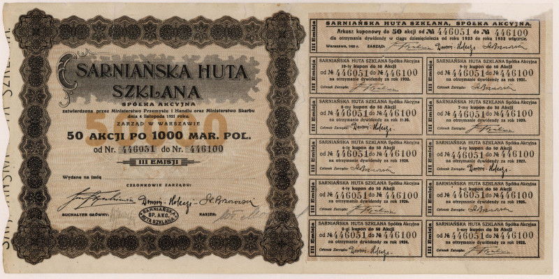 Sarniańska Huta Szklana, Em.3, 50x 1.000 mkp 1923 Reference: Koziorowski 1481-8