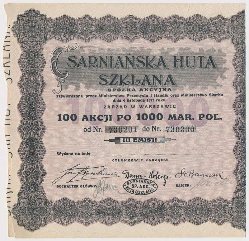 Sarniańska Huta Szklana, Em.3, 100x 1.000 mkp 1923 Reference: Koziorowski 1481-9...