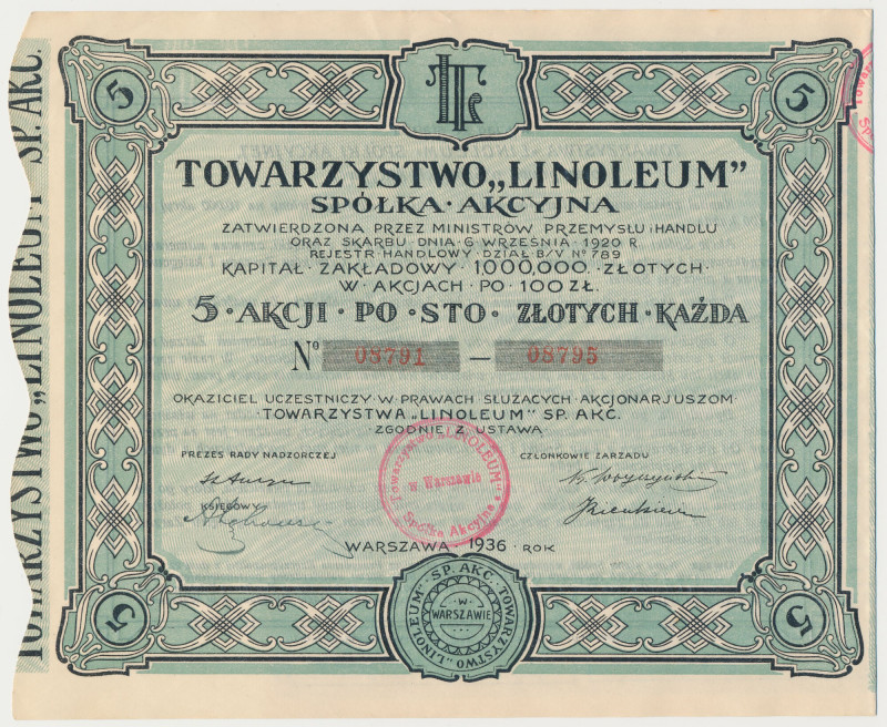 Towarzystwo LINOLEUM Sp. Akc., 5x 100 zł 1936 Reference: Koziorowski 1233-13