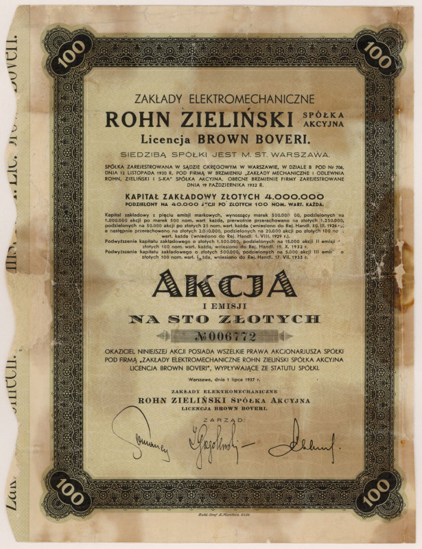 Zakłady Mechaniczne i Odlewnia ROHN, ZIELIŃSKI i Ska, Em.1, 100 zł 1937 Po profe...