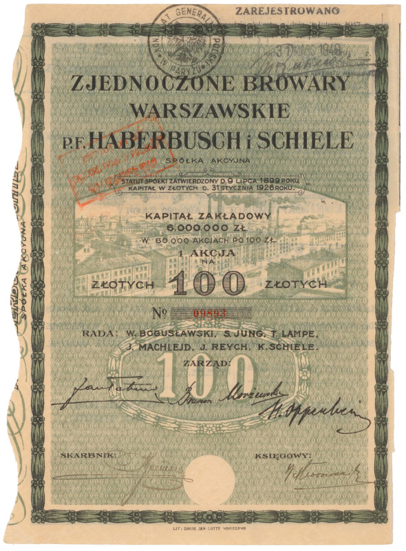 Zjednoczone Browary Warszawskie p.f. 'Haberbusch i Schiele', Em.1, 100 zł Refere...