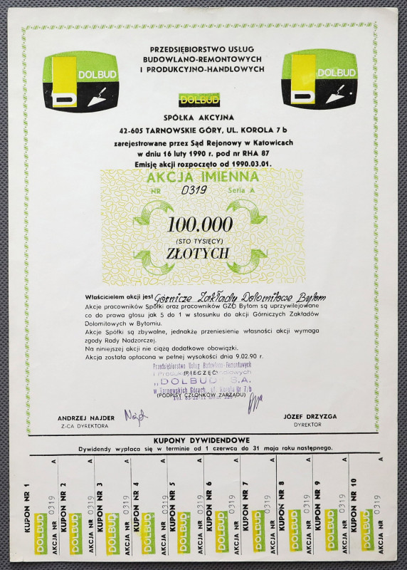 DOLBUD Przedsiębiorstwo Usług Budowlano-Remontowych..., 100.000 zł 1990