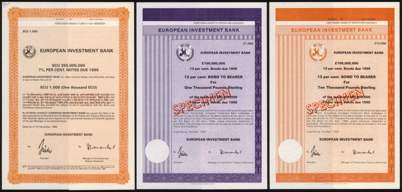 Luksemburg, European Investment Bank, SPECIMEN Obligacji (3szt)