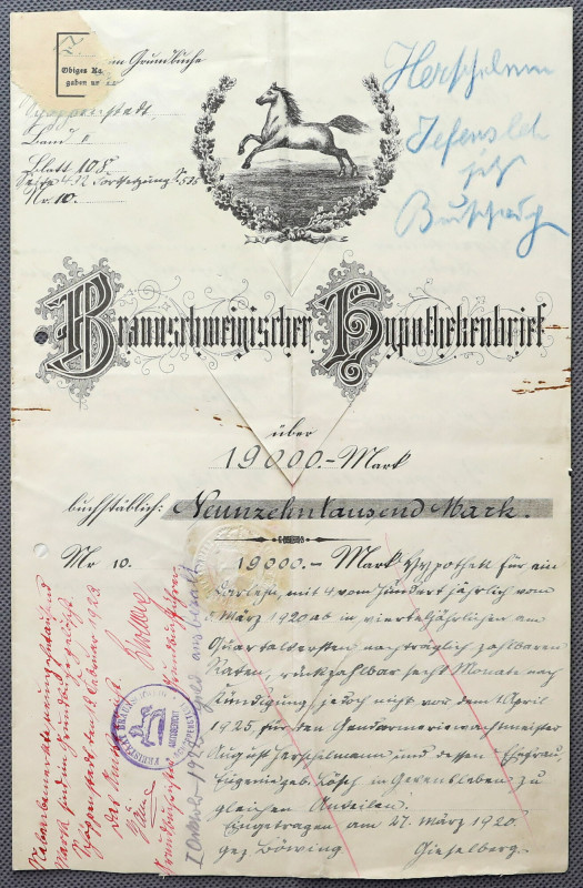 Niemcy, Braunschweigischer Hypothekenbrief über 19000 Mark 1920 Wymiary: 21 x 32...