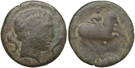 Spain, Bolskan (?) c. 150-100 BC. Æ (21,6 mm, 7,4 g). Bearded male head right; dolphin behind. R/ Horseman right, holding spear; star above. CNH p. 21...