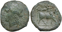 Italy, Campania, Neapolis. c. 275-250 BC. Æ (19,4 mm, 5 g). Laureate head of Apollo to left. R/ Man-headed bull walking to right, head facing, being c...