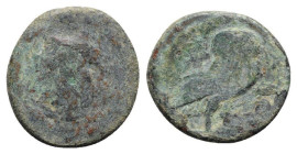 Italy, Northern Apulia, Teate, c. 275-225 BC. Æ (22mm, 6.07g, 6h). Helmeted head of Athena r. R/ Owl r., wings closed. HNItaly 701; SNG ANS 740-1. Rar...