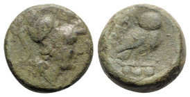 Italy, Northern Apulia, Teate, c. 225-200 BC. Æ Teruncius (22mm, 15.44g, 1h). Helmeted head of Athena r. R/ Owl standing r., head facing; three pellet...