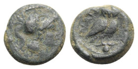 Italy, Northern Apulia, Teate, c. 225-200 BC. Æ Uncia (16mm, 3.91g, 3h). Helmeted head of Athena r. R/ Owl standing r., head facing; pellet below. HNI...