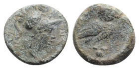 Italy, Northern Apulia, Teate, c. 225-200 BC. Æ Uncia (16mm, 4.05g, 12h). Helmeted head of Athena r. R/ Owl standing r., head facing; pellet below. HN...