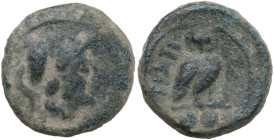 Italy, Apulia, Teate. c. 225-200 BC. Æ Biunx (18 mm, 5,8 g). Head of Athena right, wearing crested Corinthian helmet; three pellets above. R/ Owl stan...