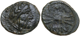 Italy, Southern Apulia, Caelia. Æ Sextans, c. 220-150 BC (14 mm, 3 g). Laureate head of Zeus right. R/ΚΑΙΛΙ/ΝωΝ. Thunderbolt. HN Italy 769; HGC 1 571;...