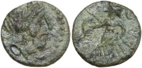 Italy, Apulia, Caelia. c. 220-150 BC. Æ Sextans (17,4 mm, 4,9 g). Laureate head of Zeus right; two pellets (mark of value) above R/ Athena advancing l...