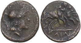 Italy, Apulia, Caelia, c. 220-150 BC. Æ(13,9 mm, 1,7 g). Head of Athena r., wearing a Corinthian helmet, R/ KAIΛI, Dioscuri on horse right. HNItaly 77...