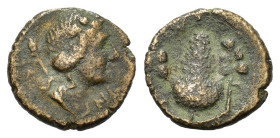 Italy, Southern Apulia, Neapolis, c. 325-250 BC. Æ (17,8 mm, 3,5 G). Wreathed head of Dionysos r.; thyrsos over shoulder. R/ Grape vine with cluster. ...