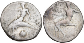 Italy, Southern Apulia, Tarentum, c. 425-415 BC. AR Nomos (22,5 mm, 7,4 g). Phalanthos, r. arm outstretched and holding shield on l. arm, riding dolph...