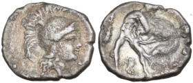 Italy, Southern Apulia, Tarentum, c. 380-325 BC. AR Diobol (11,4 mm, 1,2 g). Helmeted head of Athena r., helmet decorated with Skylla. R/ Herakles sta...