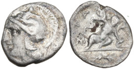 Italy, Calabria, Tarentum. c. 280-228 BC. AR Diobol (12 mm, 0,8 g). Helmeted head of Athena left, helmet decorated with Skylla. R/ The Herakliskos Dra...