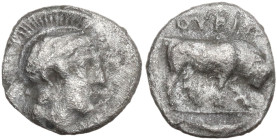 Italy, Lucania, Thourioi. c. 400-350 BC. AR Triobol (10,8 mm, 0,9 g). Helmeted head of Athena right, helmeted decorated with Skylla. R/ Bull butting l...