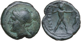 Italy, Bruttium, Brettii, Half Unit,c. 214-211 BC. Æ (16 mm, 2,8 g). Diademed head of Nike left; NIKA at left, barley-ear at right. R/BPETTIΩN, Zeus s...