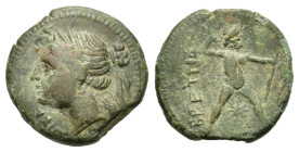 Italy, Bruttium, The Bretti. c. 214-211 BC. Æ half unit (17 mm,3,7 g). [NIKA] (faint), head of Nike left, hair tied in bun at back of head. R/ [BP]ETT...