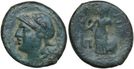 Italy, Bruttium, Rhegion. c. 211-201 BC. Æ Pentonkion (19,8 mm, 5 g). Second Punic War issue. Head of Athena left, wearing helmet decorated with griff...