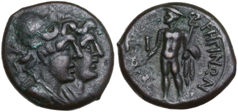 Italy, Bruttium, Rhegion. 215-150 BC. Æ. Jugate heads of the Dioscuri to right w...