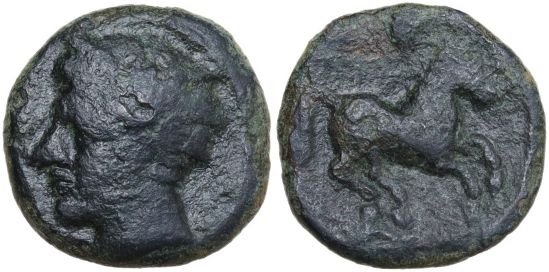 Sicily, Aitna. Æ (14,4 mm, 2,7 g) c. 405-401 BC. Head of Persephone left wearing...