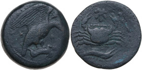Sicily, Akragas, c. 415-406 BC. Æ Hemilitron (27,3 mm, 18,2 g). Eagle standing r. on hare, head lowered. R/ Crab; leaf above, crayfish below; six pell...