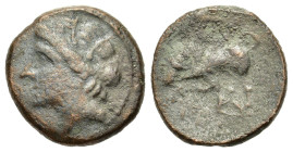 Sicily, Akragas. Phintias, c. 287-279 BC. Æ (17,6 mm, 4,3 g). Laureate head of Apollo l. R/ boar advancing l.; linear border. CNS I, n. 117; SNG Copen...