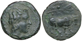 Sicily, Gela. c. 420-405 BC. Æ Tetras (16,8 mm, 2,8 g). Bull standing left, olive-branch above, three pellets in exergue. R/ Head of young river-god r...