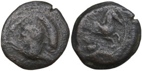 Sicily, Carthaginian Domain, c. 375-350 BC. Æ (16,8 mm,2,6 g). Wreathed head of Tanit l. R/ Horse galloping right. Overstruck. CNS III, 2; HGC 2, 1677...