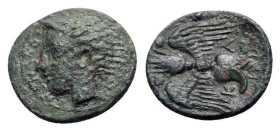 Sicily, Katane, c. 415/3-403/2 BC. Æ Tetras or Trionkion (15mm, 1.85g, 12h). Horned head of Amenanos l.; ivy-leaf behind. R/ Winged thunderbolt; three...
