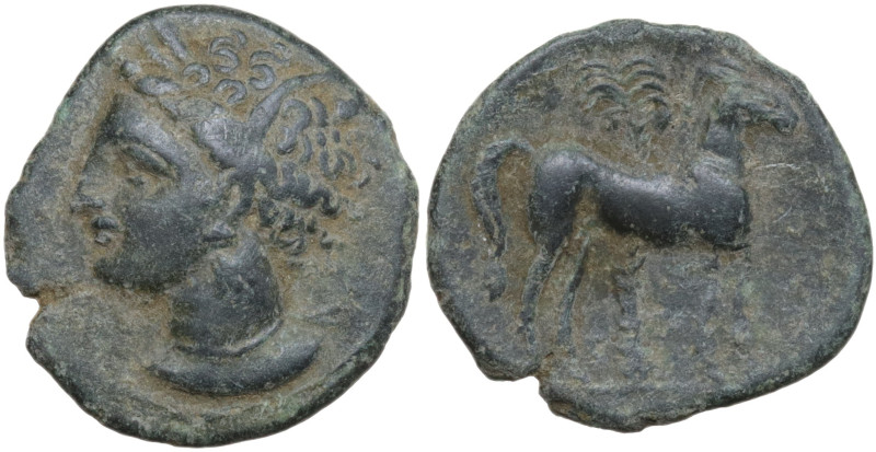 Zeugitania, Carthage. c. 400 - 350 BC. Æ (16 mm, 2g). Wreathed head of Tanit lef...