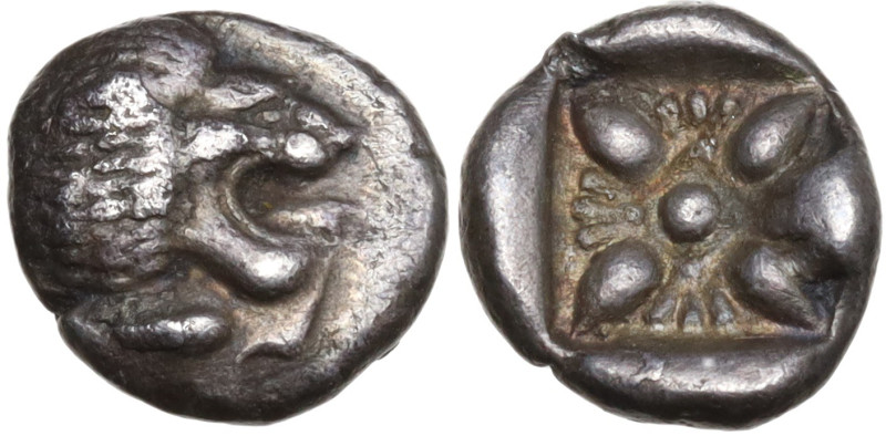 Ionia, Miletos. c. Fifth Century BC. AR Diobol (9,5 mm, 1,2 g). Lion's head righ...