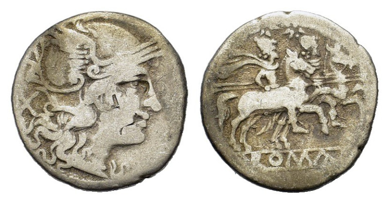 Anonymous AR Denarius. 157-156 BC. (18,8 mm, 3,7 g). Rome. Helmeted head of Roma...