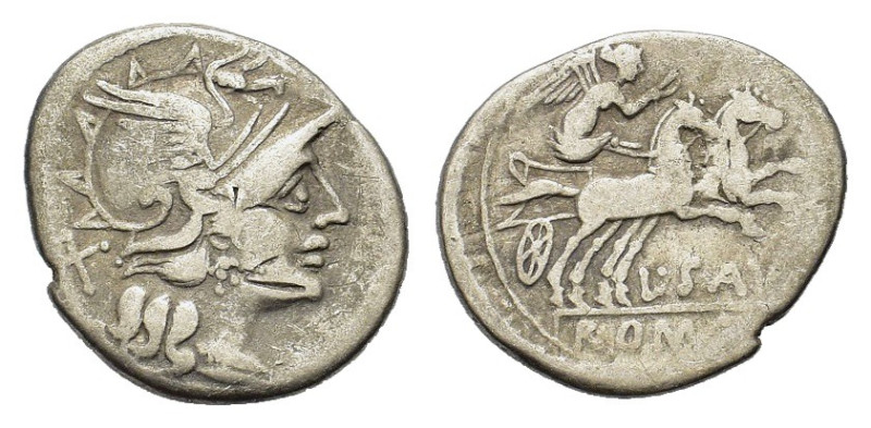 L. Saufeius. 152 BC. AR Denarius (19,8 mm, 3,3 g) Rome. Helmeted head of Roma r....