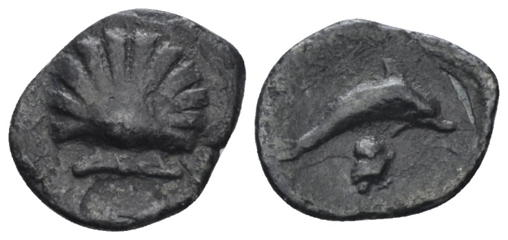Calabria, Tarentum Litra circa 325-280, AR 10.00 mm., 0.47 g.
Cockle shell. Rev...