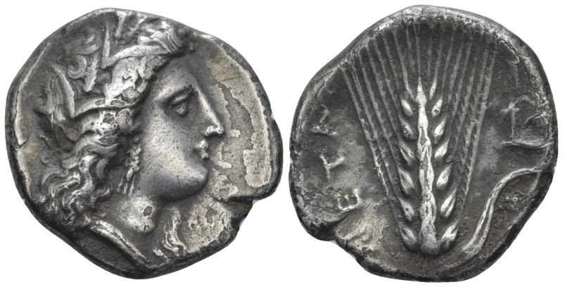 Lucania, Metapontum Nomos circa 330-290, AR 22.00 mm., 7.51 g.
Wreathed head of...
