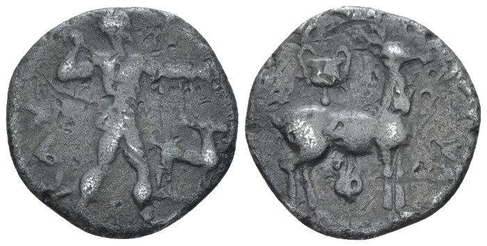 Bruttium, Caulonia Third nomos circa 440-400, AR 14.00 mm., 1.78 g.
Apollo, nud...