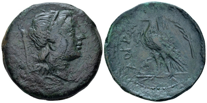 Bruttium, Locri Bronze circa 287-278, Æ 29.00 mm., 16.80 g.
Head of Persephone ...